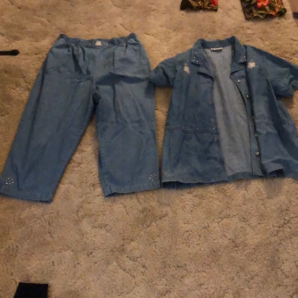 Women’s denim style short sleeve shirt and adjustable denim pants